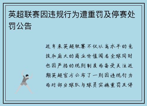 英超联赛因违规行为遭重罚及停赛处罚公告 英超联赛因违规行为遭重罚及停赛处罚公告